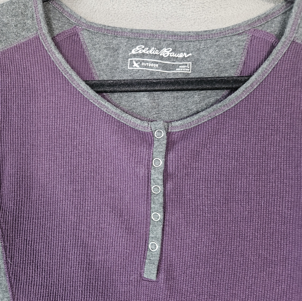 Eddie Bauer Womens L Henley Thermal Waffle Knit Purple Gray Long Sleeve Outdoor - Picture 3 of 9